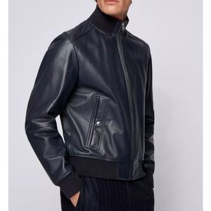Hugo Boss Navy Leather Bomber Jacket